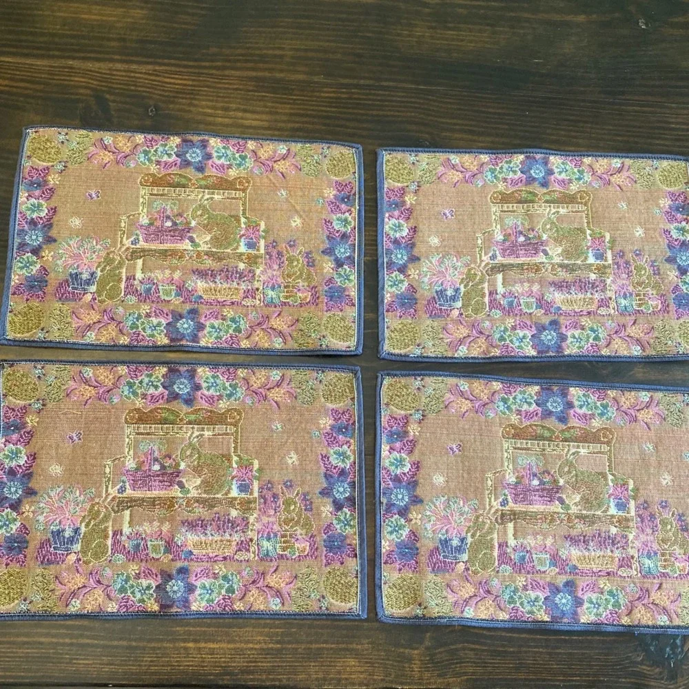 Set‎ of 4 Easter Bunny Garden Woven Tapestry Placemats Spring Floral Blue
